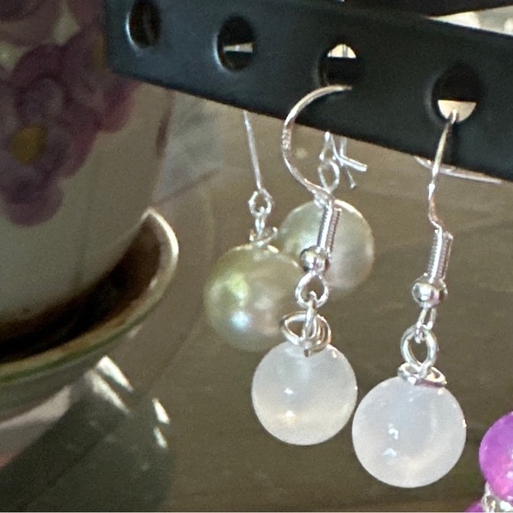 Boho Selenite spheres dangle earrings silver selenite drop earrings/minimalist - Picture 3 of 6